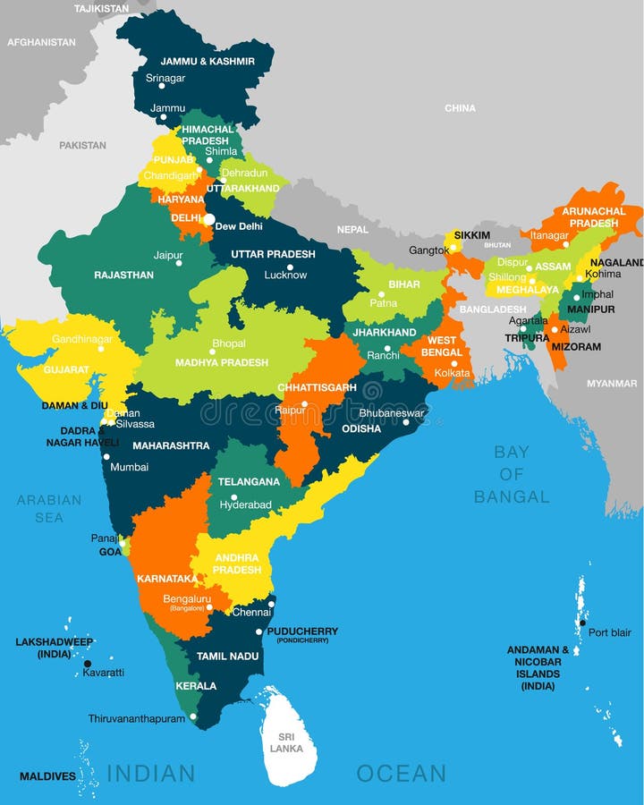 illustration of detailed map of India, Asia with all states and country boundary eps 10. illustration of detailed map of India, Asia with all states and country boundary eps 10