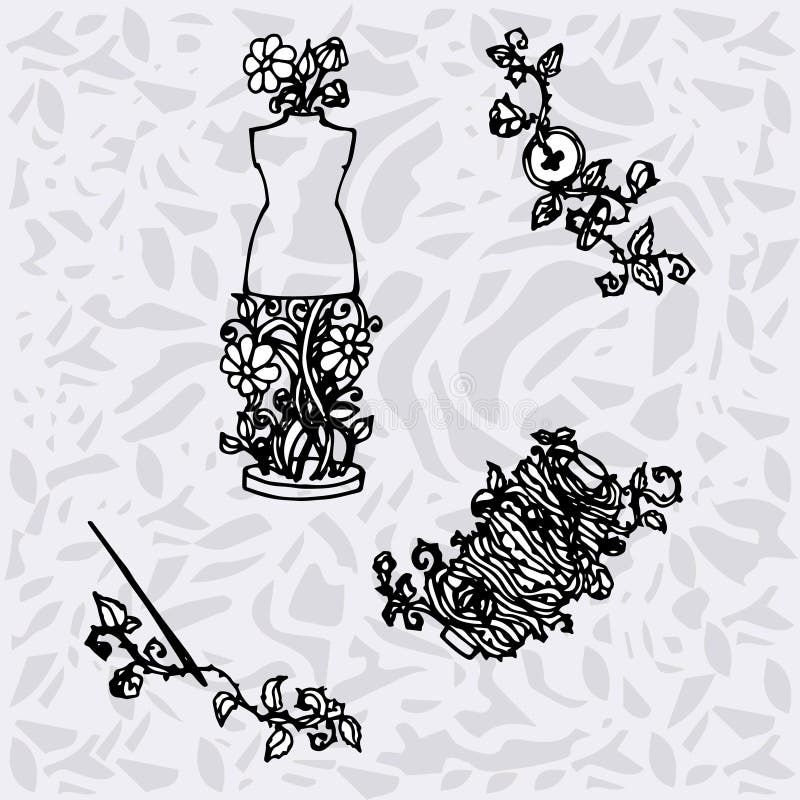 Ilustracja Szwalni akcesoria, narzędzia dla moda projekta, atrapa, cewa, igły, guziki ilustracji Ilustracja Szwalni akcesoria, narzędzia dla moda projekta, atrapa, cewa, igły, guziki ilustracji