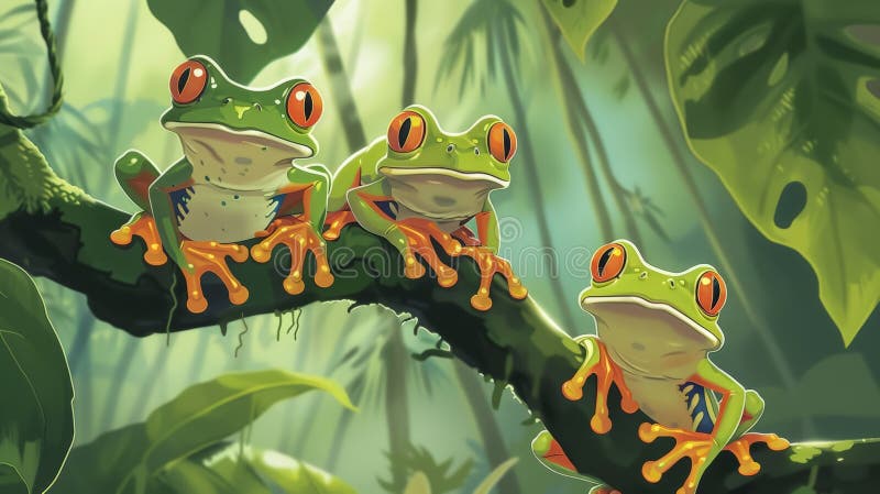 Ilustracja słodkich żab w lesie. ai generatywne