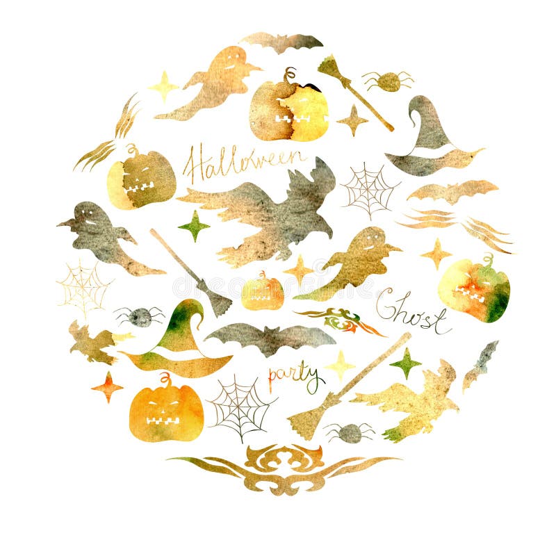 Ilustracja ustawiająca dla wakacyjnego Halloween akwarela Bania, duch, kapelusz, miotła, nietoperz, pająk sieci a i inne Hallowee royalty ilustracja Ilustracja ustawiająca dla wakacyjnego Halloween akwarela Bania, duch, kapelusz, miotła, nietoperz, pająk sieci a i inne Hallowee royalty ilustracja
