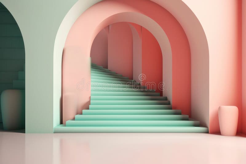 Ilustracja w nowoczesnym stylu geometrycznym łuku i schodach w modnym minimalnym wnętrzu. wygenerowane przez ai ilustracja wektor