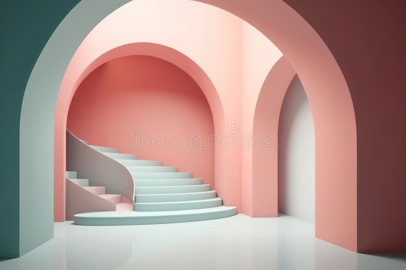 Ilustracja w nowoczesnym stylu geometrycznym łuku i schodach w modnym minimalnym wnętrzu. wygenerowane przez ai ilustracji