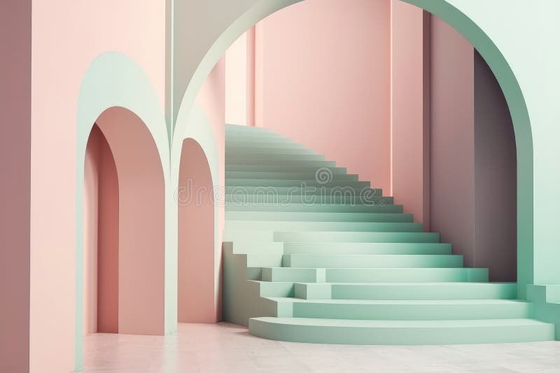 Ilustracja w nowoczesnym stylu geometrycznym łuku i schodach w modnym minimalnym wnętrzu. wygenerowane przez ai ilustracji