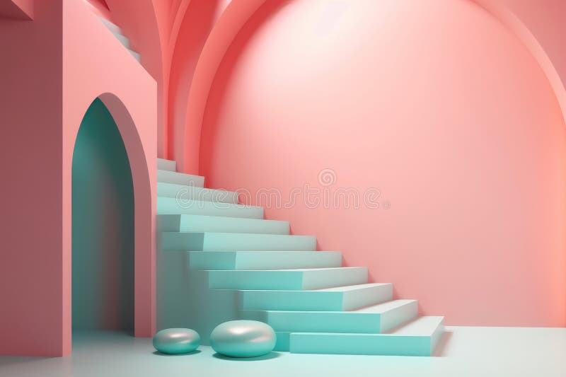 Ilustracja w nowoczesnym stylu geometrycznym łuku i schodach w modnym minimalnym wnętrzu. wygenerowane przez ai ilustracja wektor