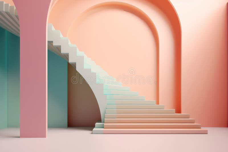 Ilustracja w nowoczesnym stylu geometrycznym łuku i schodach w modnym minimalnym wnętrzu. wygenerowane przez ai royalty ilustracja