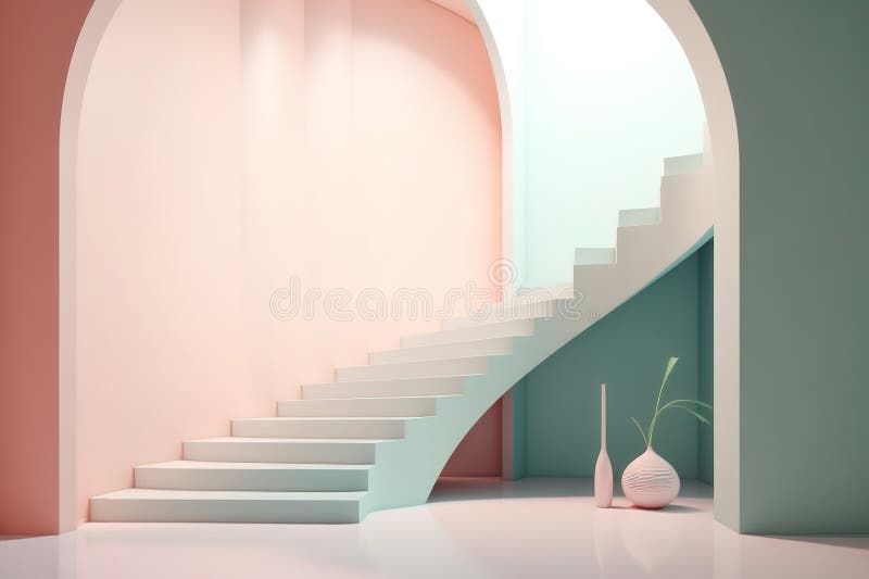 Ilustracja w nowoczesnym stylu geometrycznym łuku i schodach w modnym minimalnym wnętrzu. wygenerowane przez ai ilustracja wektor