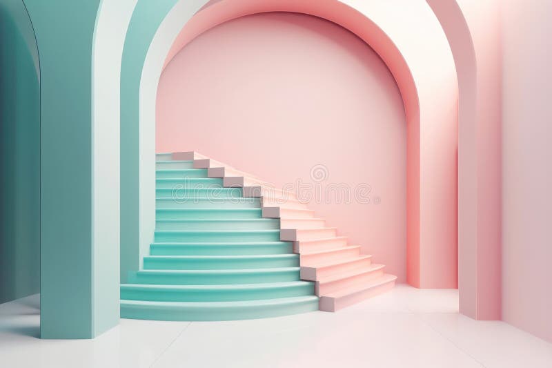Ilustracja w nowoczesnym stylu geometrycznym łuku i schodach w modnym minimalnym wnętrzu. wygenerowane przez ai ilustracja wektor