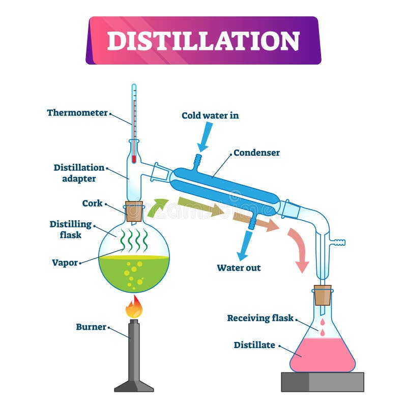 Distillation vector illustration. Labeled physical substance separation process explanation scheme. Diagram with equipment for boiling and condenser flasks. Chemistry method graphic for clean liquid. Distillation vector illustration. Labeled physical substance separation process explanation scheme. Diagram with equipment for boiling and condenser flasks. Chemistry method graphic for clean liquid.