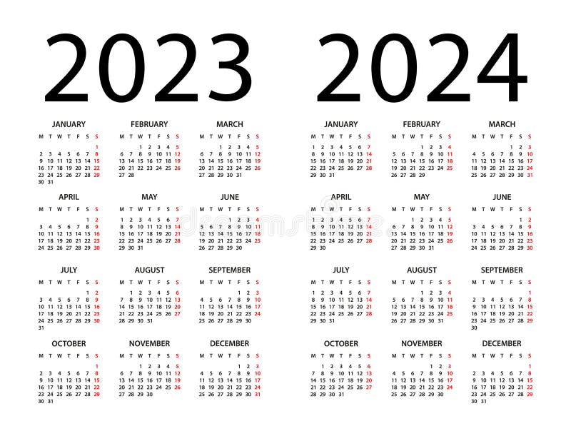 Ilustracja wektora kalendarzowego 2023 2024 lat. tydzień zaczyna się w poniedziałek. kalendarz ustalony na 2023 2024 lat ilustracja wektor