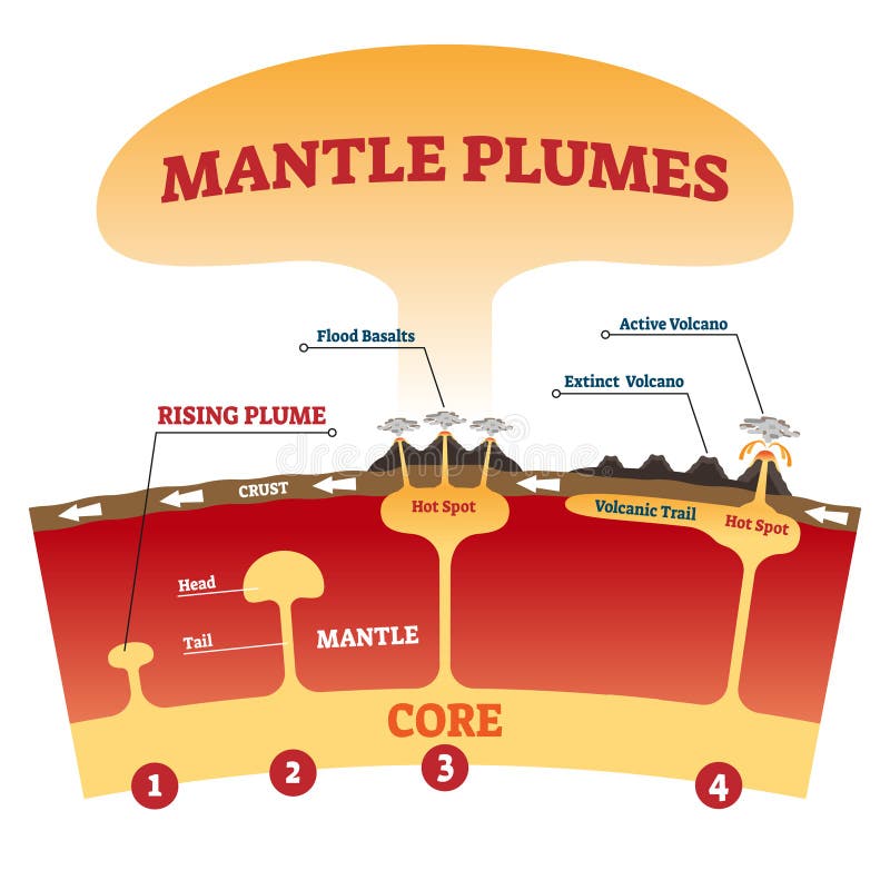 Mantle plumes vector illustration. Labeled explanation magma eruption scheme with flood basalts, active and extinct volcano. Tectonic plates moving nature phenomenon. Molten rocks geographic process. Mantle plumes vector illustration. Labeled explanation magma eruption scheme with flood basalts, active and extinct volcano. Tectonic plates moving nature phenomenon. Molten rocks geographic process.