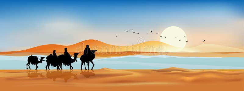 Ilustracja wektorowa Arabska rodzina z wielbłądem chodzącym w piaskach pustynnych z zachodem słońca wieczorem,panoramiczny krajob royalty ilustracja