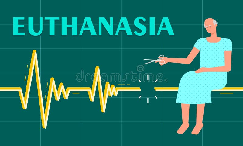 This colorful illustration depicts a man, he cuts off the pulse of his life with scissors, thus voluntary euthanasia is symbolically shown. This colorful illustration depicts a man, he cuts off the pulse of his life with scissors, thus voluntary euthanasia is symbolically shown