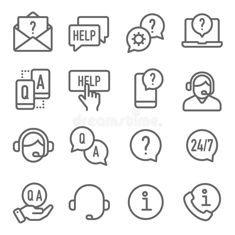 Ilustracja wektorowa ikon pomocy i obsługi technicznej Zawiera takie ikony, jak Information, Call Center, Q i A, Operator, Contac