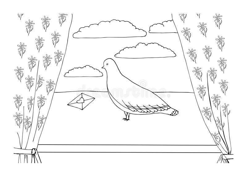 Ilustracja wektorowa z gołębicą na oknie i literą z sercem. kolorowanka z ptaka na parapecie.