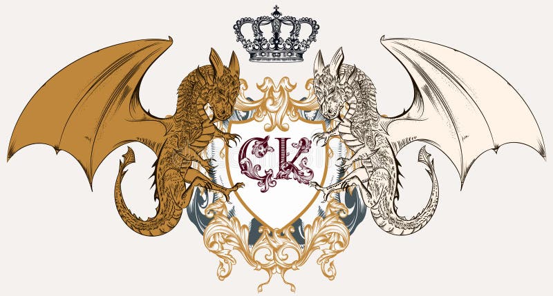 Ilustracja z heraldycznym żakietem ręki, grzebień i smoki idealni ilustracja wektor