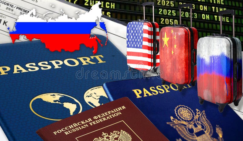 Ilustracja z USA paszportowy Rossiysky, paszport, paszport, trzy walizki z Chińskimi flagami, rosjanin i amerykanin, bilety zdjęcia royalty free Ilustracja z USA paszportowy Rossiysky, paszport, paszport, trzy walizki z Chińskimi flagami, rosjanin i amerykanin, bilety zdjęcia royalty free
