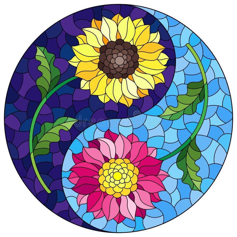Illustration in stained glass style with sunflower and Aster flowers in the form of a Yin Yang sign on a blue background, round image. Illustration in stained glass style with sunflower and Aster flowers in the form of a Yin Yang sign on a blue background, round image
