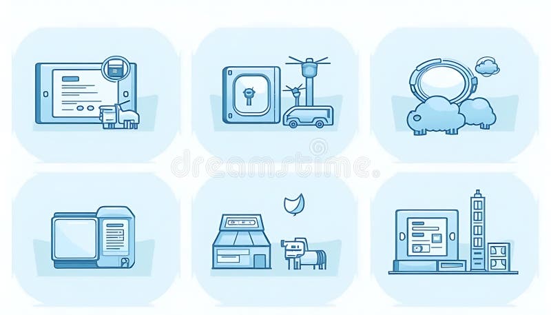 Ilustracje przedstawiające zautomatyzowane usługi i infrastrukturę miejską ilustracja wektor