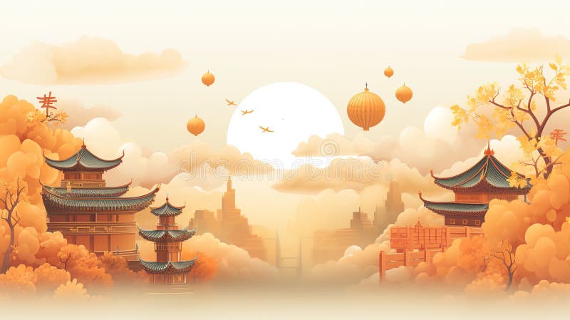 Ilustracje rysunkowe z okazji uroczystości jesiennej. Ilustracje kreskówek jade rabbit i księżyca cake'a są generowane w tle jesiennego festiwalu i są generowane przez sztuczną inteligencję.