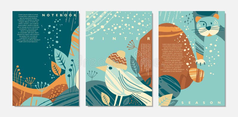 Ilustracje rysunkowe ze słodkimi zwierzętami i krajobrazem zimowym royalty ilustracja