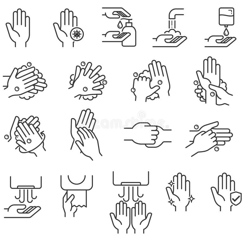 Ilustracje wektorowe ikon etapów mycia rąk