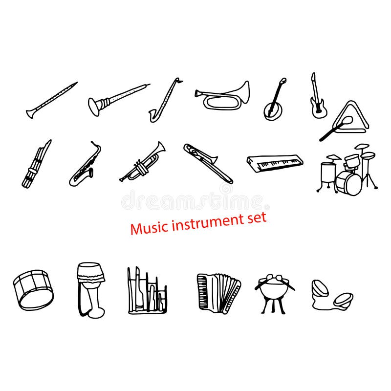 Ilustracyjni wektorowi doodles wręczają patroszonego muzycznego instrumentu set ilustracja wektor Ilustracyjni wektorowi doodles wręczają patroszonego muzycznego instrumentu set ilustracja wektor