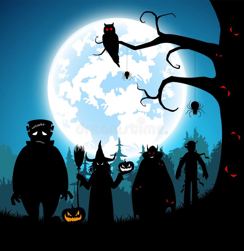 Illustration blue background,festival halloween concept,full moon on dark night with many ghost,scarecrow,frankenstein and devil with graveyard and walking to castle for celebration halloween day. Illustration blue background,festival halloween concept,full moon on dark night with many ghost,scarecrow,frankenstein and devil with graveyard and walking to castle for celebration halloween day