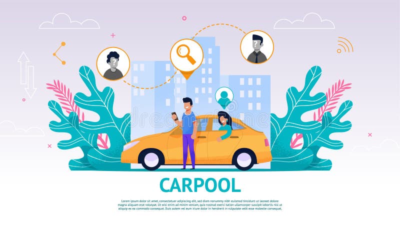 Ilustracyjny facet i dziewczyna w Żółtym samochodzie, Carpool royalty ilustracja Ilustracyjny facet i dziewczyna w Żółtym samochodzie, Carpool royalty ilustracja
