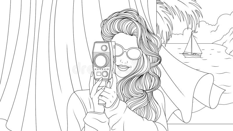 Ilustradora vectorial con cámara en vacaciones stock de ilustración