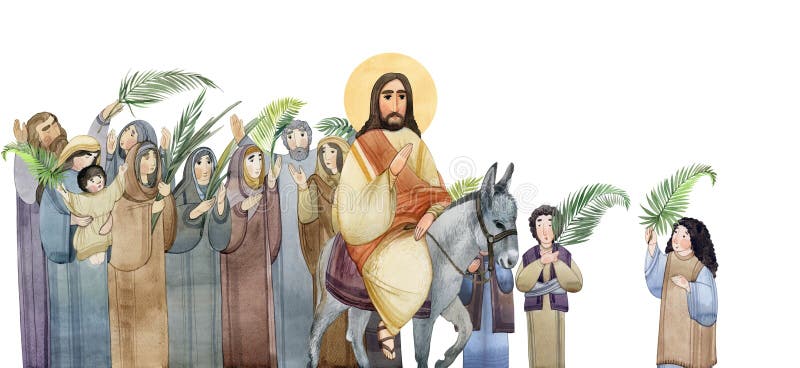 Ilustrare acustică a sâmbetei de palmier : isus Hristos intră în Ierusalim pe un măgar oamenii îl întâmpină cu ramuri de palmier. stock illustration