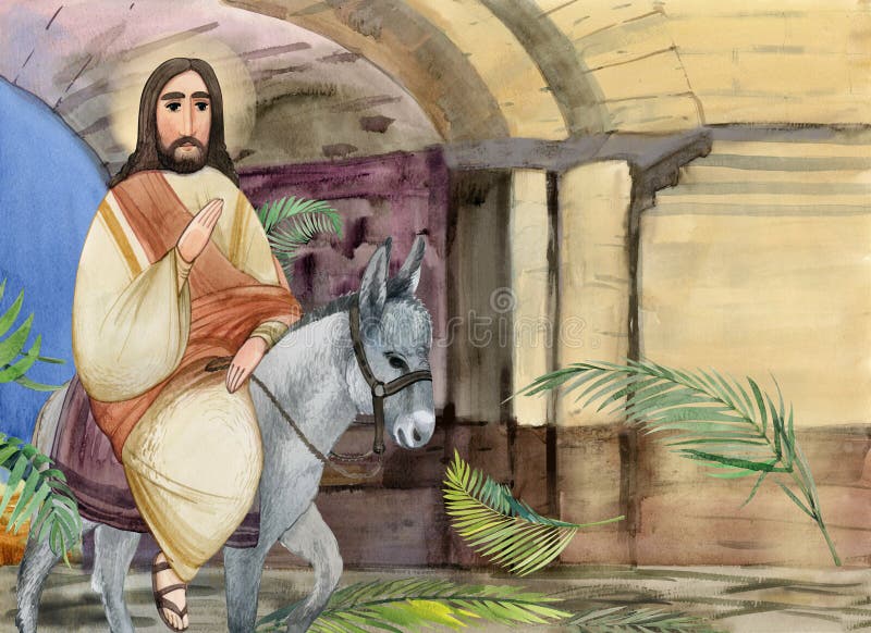 Ilustrare acustică a sâmbetei de palmier : isus Hristos intră în Ierusalim pe un măgar oamenii îl întâmpină cu ramuri de palmier. vector illustration