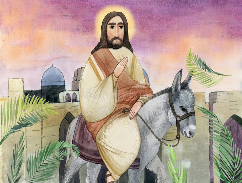 Ilustrare acustică a sâmbetei de palmier : isus Hristos intră în Ierusalim pe un măgar oamenii îl întâmpină cu ramuri de palmier. royalty free illustration