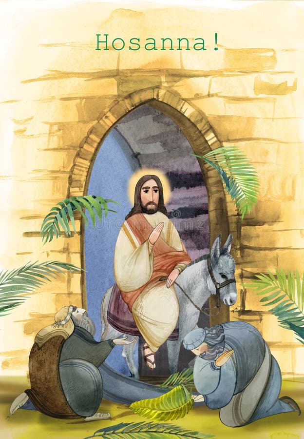 Ilustrare acustică a sâmbetei de palmier : isus Hristos intră în Ierusalim pe un măgar oamenii îl întâmpină cu ramuri de palmier. royalty free illustration
