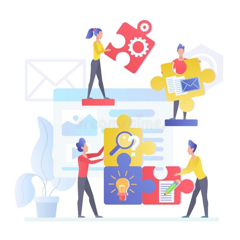 Ilustrare cu vectorul plat de lucru în echipă. gestionare inteligentă. piese de puzzle și puzzle-uri asamblate. rezolvare problemă royalty free illustration