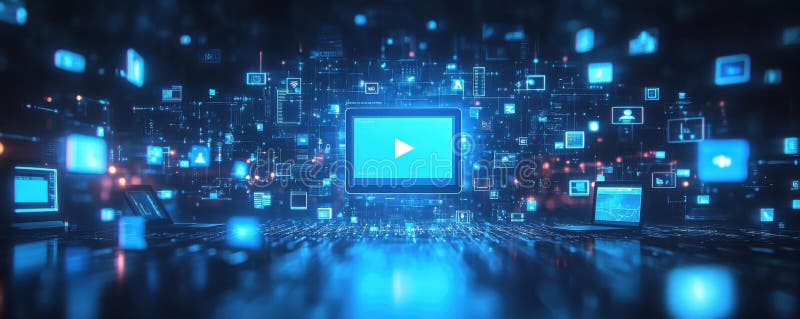 Ilustrare 3D futuristă a unei pictograme a ecranului computerizat înconjurată de interfețe digitale de date într-un spațiu virtual stock illustration