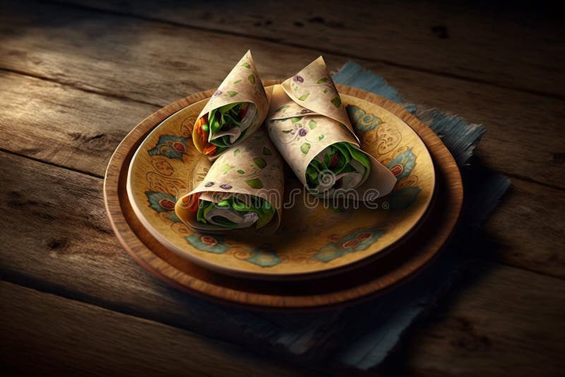 Ilustrare delicioasă a ambalajului. concept de pâine moale plană laminată în jurul unei umpluturi frumos prezentate pe o placă fru royalty free illustration