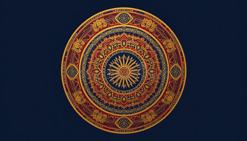 Ilustrare detaliată Mandala cu modele geometrice în aur și roșu royalty free illustration