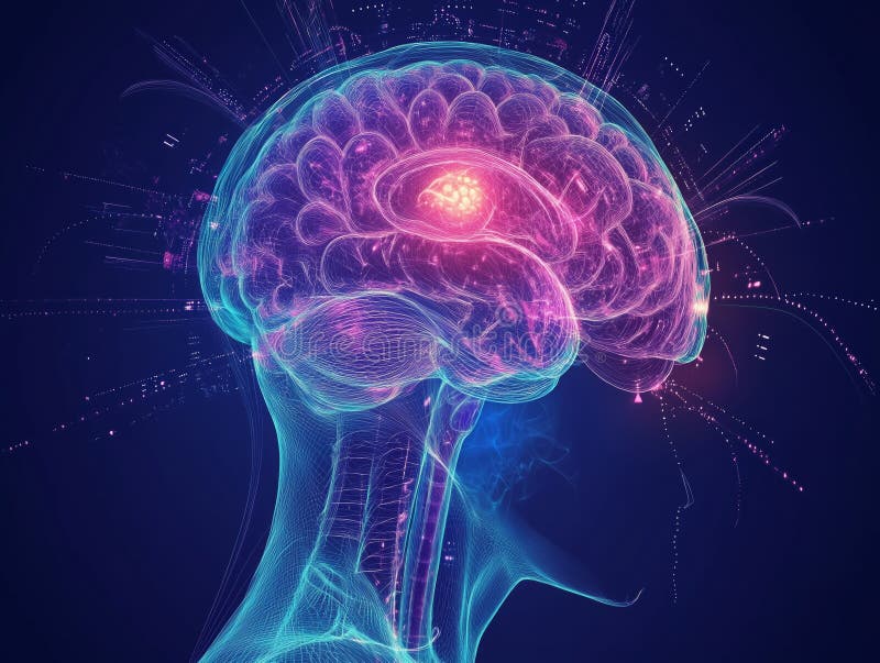 Ilustrare digitală futuristă a unui creier uman strălucitor cu conexiuni neuronale și impulsuri energetice stock illustration