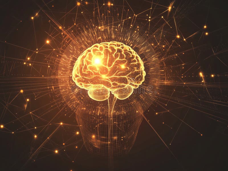 Ilustrare digitală futuristă a unui creier uman strălucitor cu conexiuni neuronale și impulsuri energetice royalty free illustration