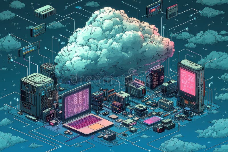 Ilustrare izometrică a unei rețele digitale cu elemente de calcul de tip „cloud computing” stock image