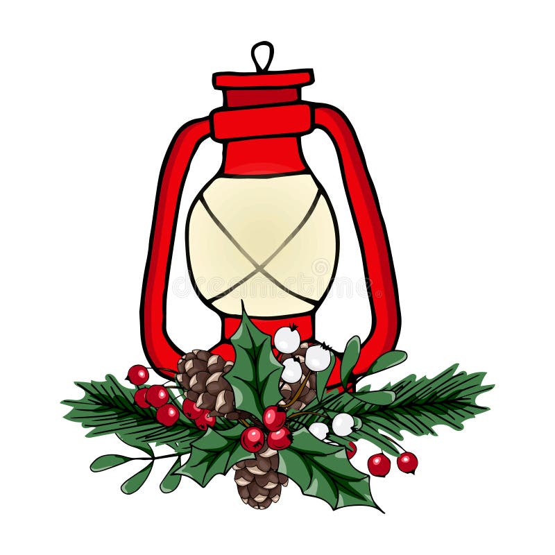 Ilustrare vector de Crăciun. lampă cu conuri de brad roșu și alb. design frumos pentru tipărirea mesajelor de salut stock illustration