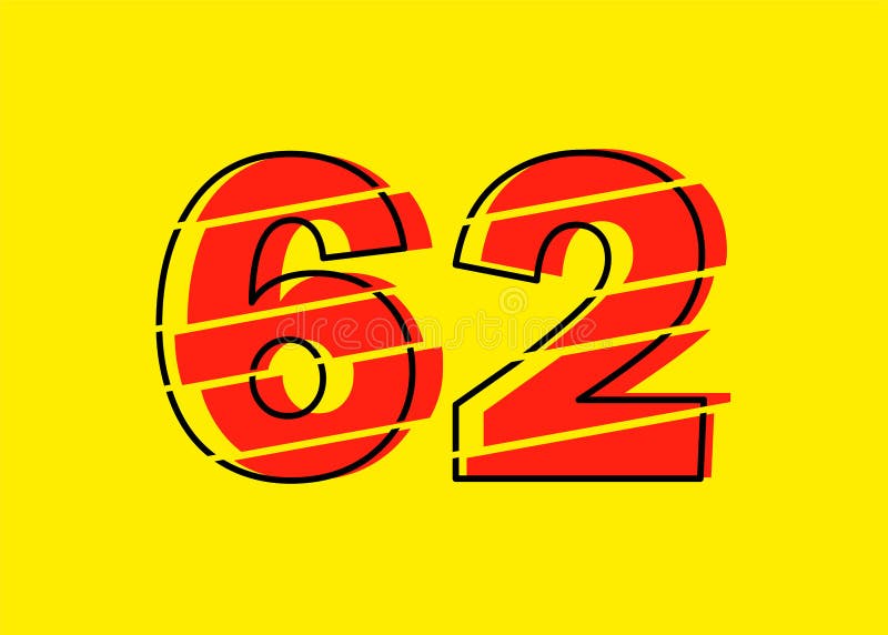Ilustrare vectorială de design a numerelor roșu strălucitor 62. stil linie plată în linie orizontală vectorială numerală royalty free illustration