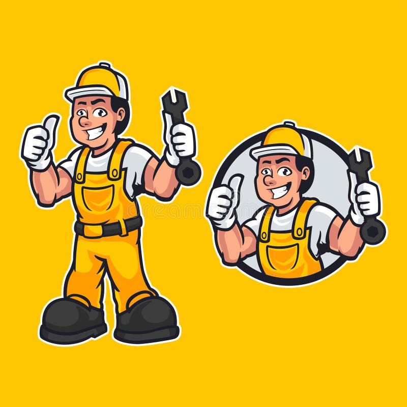 Ilustrare vectorială desenată manual a unui om bun la tâmplărie fericit, îmbrăcat în haine de lucru și stând izolat pe fond galben vector illustration