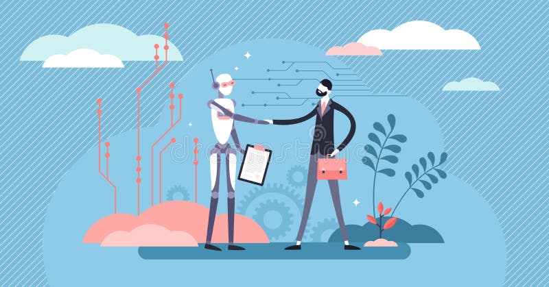Ilustrare vectorială pentru roboți de afaceri. cooperare tehnologică simplă. royalty free illustration