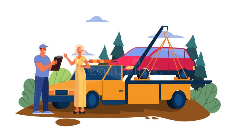 Ilustrare vectorială a unei mașini cu avarie redusă pe un drum. feminin pentru a obține royalty free illustration