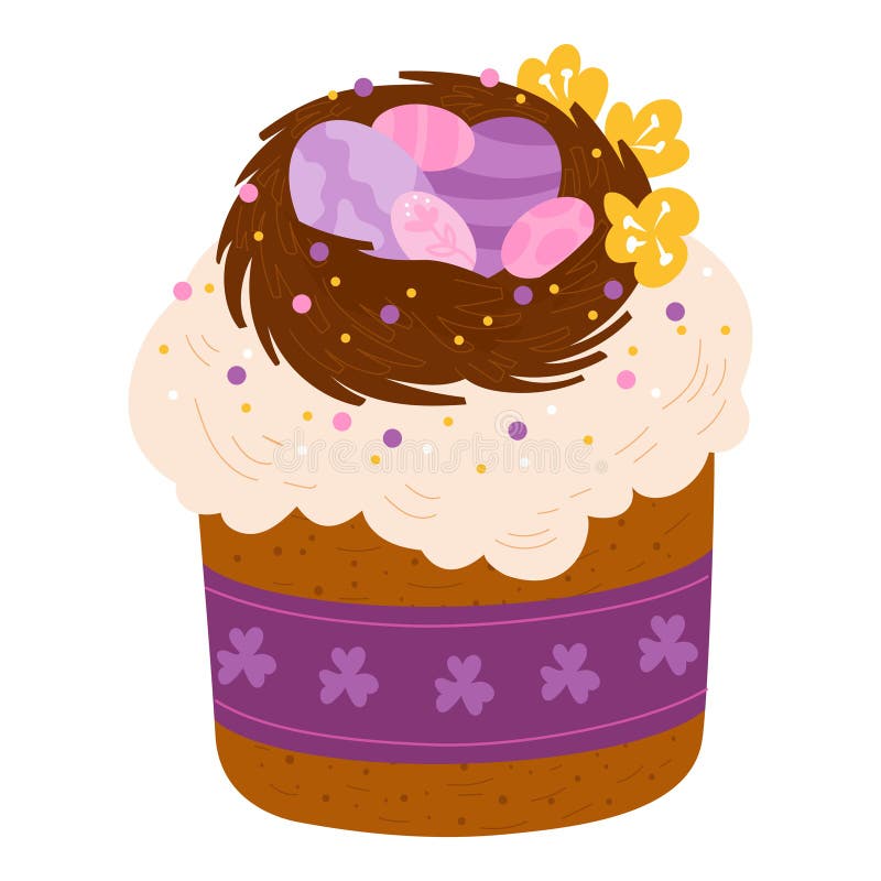 Ilustrare vectorială a unui tort elegant de Paști, acoperit cu un cuib de ciocolată și ouă colorate, concepute în paleta de culori stock illustration