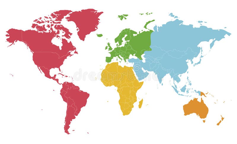 Ilustrare a vectorului hărții globale goale politice cu culori diferite pentru fiecare continent și izolată pe fond alb. stock illustration