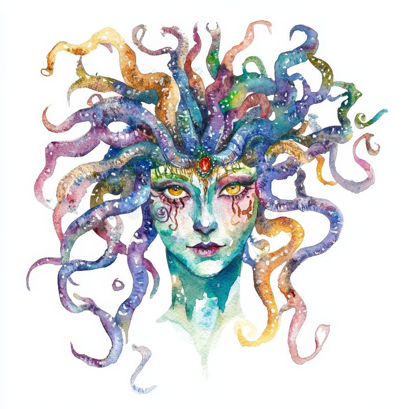 Ilustrarea acustică a Medusei, o creatură mitică greacă cu șerpi colorați vibranți pentru păr izolați pe un alb royalty free illustration