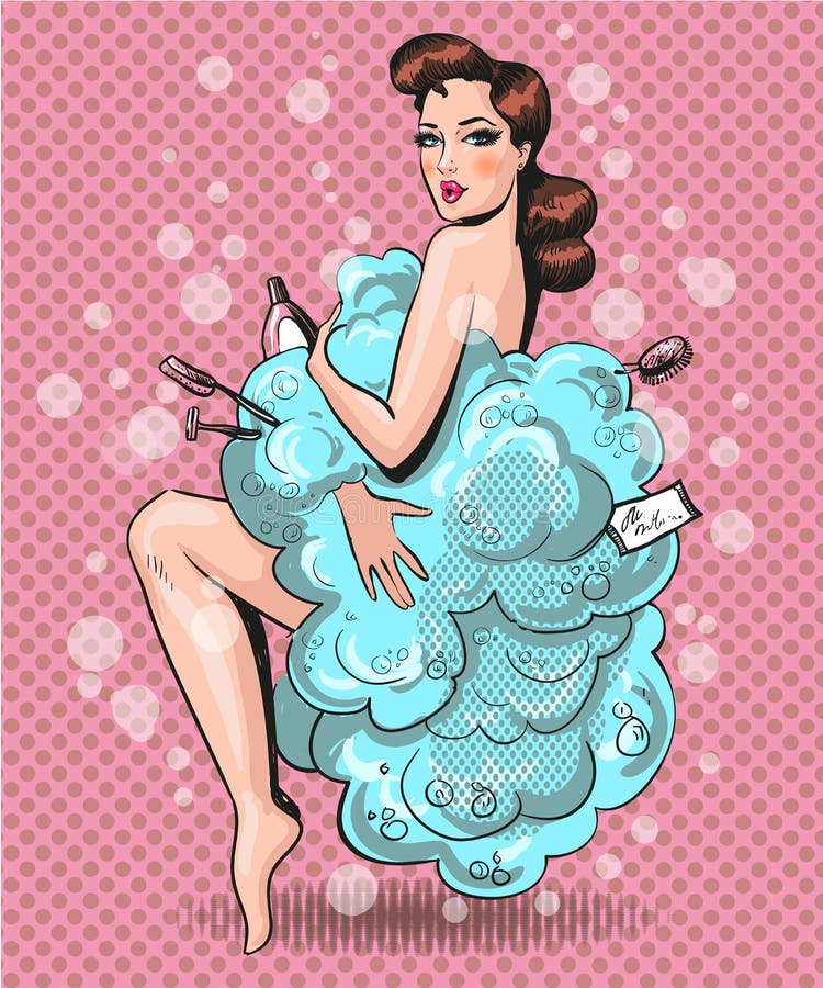 Ilustrarea artei pop vectoriale a unei femei frumoase în spuma de baie vector illustration