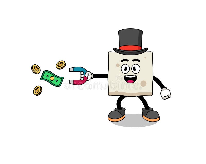 Ilustrarea caracterului tofu care prinde bani cu un magnet royalty free illustration